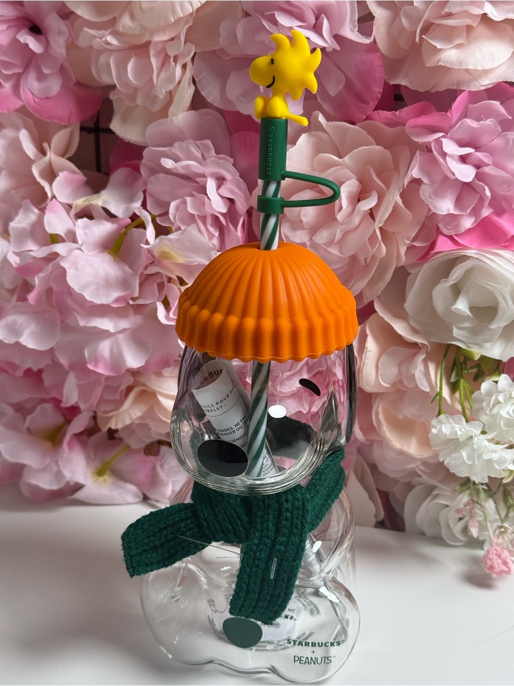 Starbucks Glass Snowman Tumbler with Orange Cap and Green Scarf